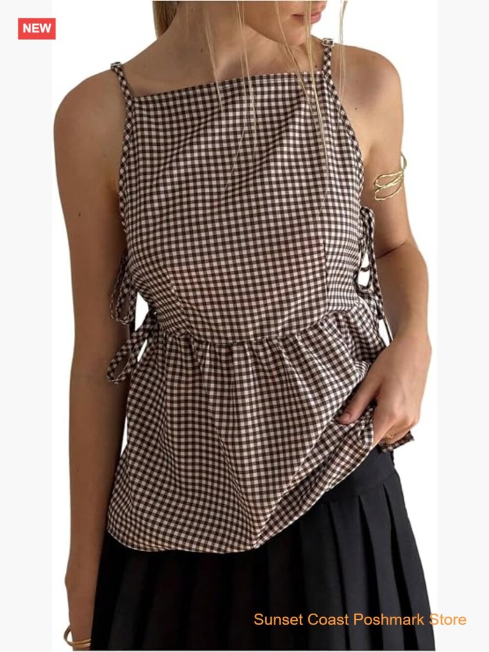 Gingham Plaid Peplum Camisole Square Neck Sleeveless Summer Going Out Top